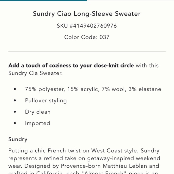 Sundry Ciao Sweater NWT - Picture 5 of 10